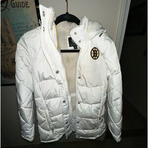 White Boston Bruins Winter Puffer Belted Jacket